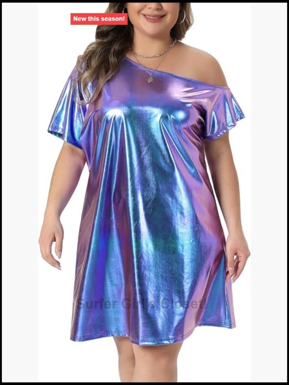 Plus Size Metallic Holographic One Shoulder Midi Dress